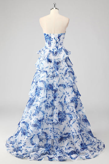 Bleu blanc fleur trapèze Sweetheart longue Robe de soirée à plusieurs niveaux avec fente